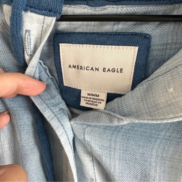 American Eagle Hooded Plaid Button Down Shirt Medium Blue Cabincore - Picture 4 of 10